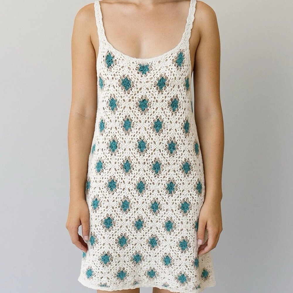 Sincerely Jules Women’s Crochet Knitted Retro Boho Print Mini Dress
